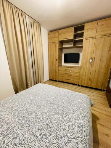 a bedroom with a bed and a cabinet with a microwave at Carolina in Alba Iulia