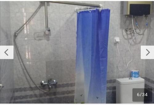 a shower with a blue shower curtain in a bathroom at Farmer's House B&B in Areni