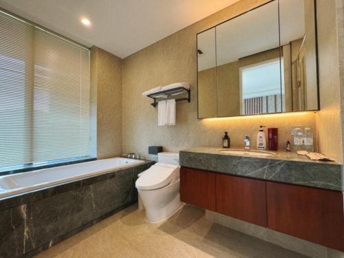 a bathroom with a tub and a toilet and a sink at 莫干山云上别墅 in Houhong