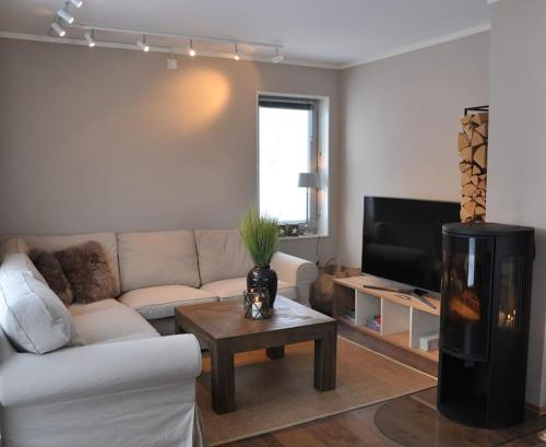 un salon avec un canapé et une table basse dans l'établissement Leilighet sentralt på Sjusjøen, 11 sengeplasser, à Ringsaker
