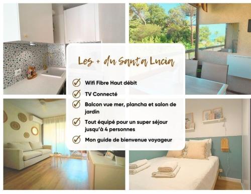 un collage de photos d'un salon avec une affiche dans l'établissement Très bel Appartement Le Santa Lucia à SAINT-RAPAËL - Confort, Climatisation et Vue mer !, à Ampuis