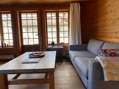 a living room with a couch and a coffee table at Log-House Wildernest in Brande