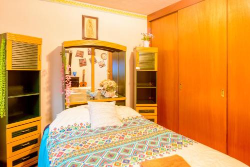a bedroom with a bed and a large mirror at La suite más cómoda y elegante in Mexico City