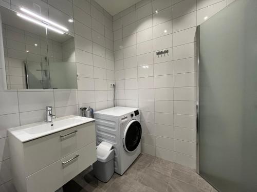 a bathroom with a washing machine and a sink at Salmons väg Funäsdalen in Funäsdalen