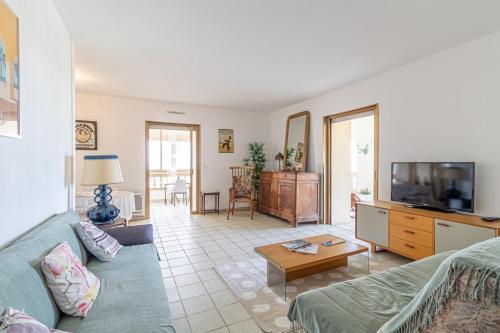 un salon avec un canapé et une télévision dans l'établissement Villa Vistamar Appartement avec terrasse & vue mer, à Nice