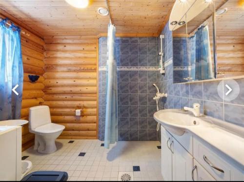 a bathroom with a toilet and a sink in a wooden wall at LIHAPULLIA Lac, sauna, plage privée, deux chalets rien que pour vous in Nieminen