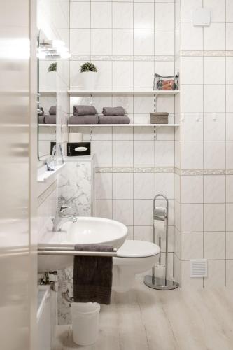a white bathroom with a sink and a toilet at Zum Alten Schifferhaus in Lauenburg
