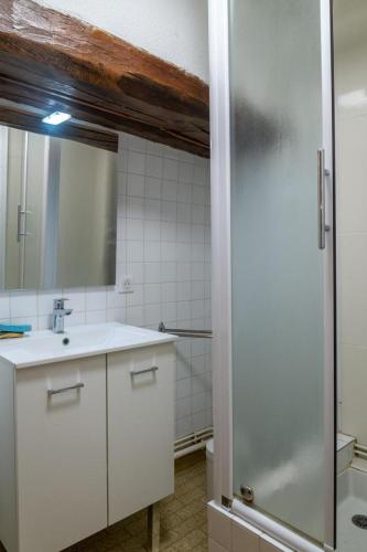 une salle de bain avec un lavabo et un miroir dans l'établissement Gîte Gîtes de France 2/4 personnes au Fau de Peyre, à Fau-de-Peyre