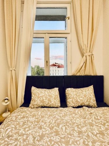 维也纳4BR Shared Apt with City View Only 7- Min to Westbahnhof的窗户前的一张带两个枕头的床
