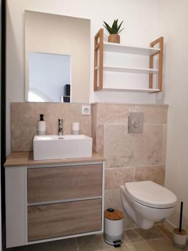 une salle de bain avec un lavabo et des toilettes dans l'établissement Complexe Cap Esterel village ,vue mer studio avec parking, à Agay