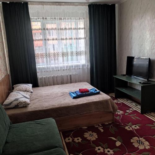a small bedroom with a bed and a television at 5 минут Астана Аэропорт in Prigorodnyy