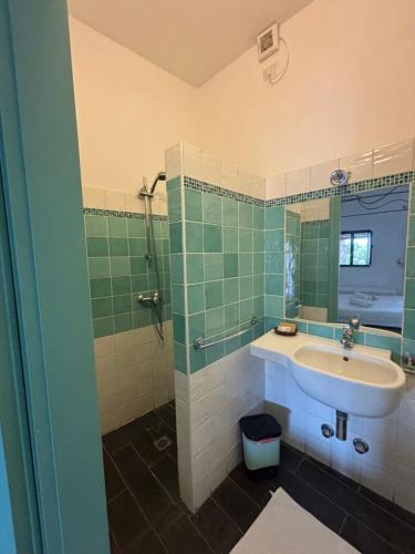 a bathroom with a sink and a shower at Villa La Rosa in Filicudi