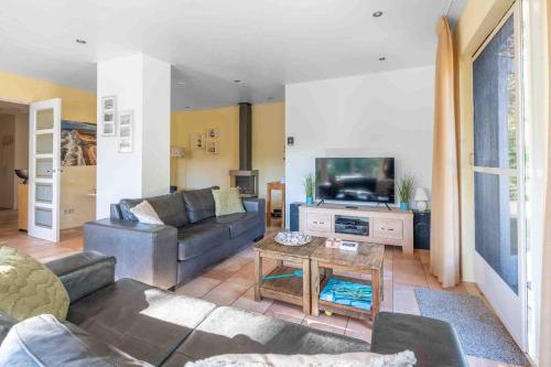 a living room with a couch and a tv at Landhuis Tempelierweg 22 in Den Burg