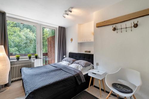 Villa Eichwald Appartements في فرودنستاد: غرفة نوم بها سرير وكرسي ونافذة