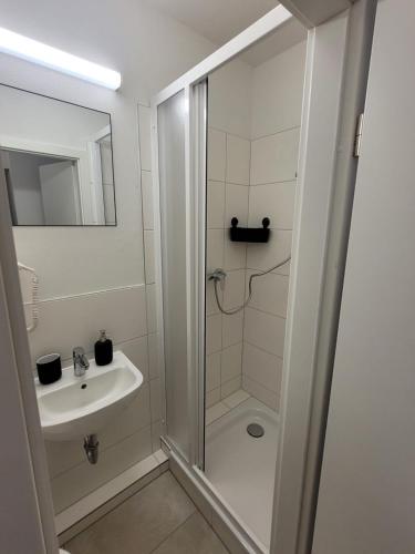 a bathroom with a shower and a sink at Werder Appartements Rostock in Rostock