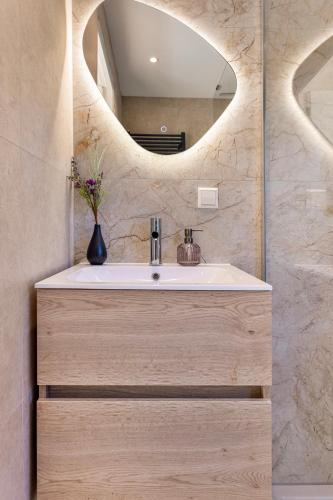 a bathroom with a sink and a mirror at 'Lodge de Vos' luxe en vrijstaande lodge bij het Speulder- en Spielderbos in Putten