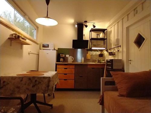 Una cocina con una mesa y un refrigerador en una habitación. en Guesthouse Kohvikann, en Palmse