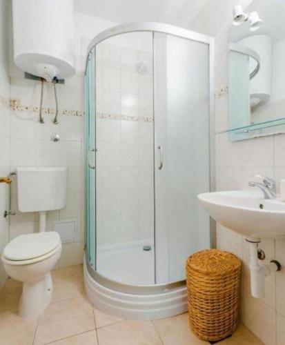 a bathroom with a shower and a toilet and a sink at House Dinko in Vinišće