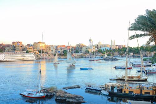 a group of boats in a harbor with a city at Jamaica Guest House in Aswan