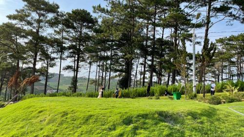 a group of people walking around a grassy field at Pine Villa in Tang Klang