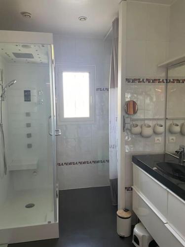 une salle de bain blanche avec une douche et un lavabo dans l'établissement Charmante Maison entre Castres et Lautrec, à Laboulbène