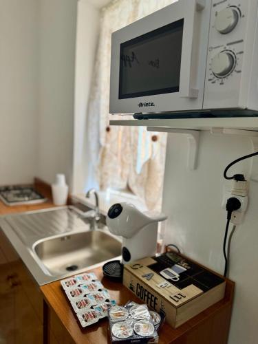 a kitchen with a sink and a computer monitor on a counter at Casa Katarina in Calatafimi