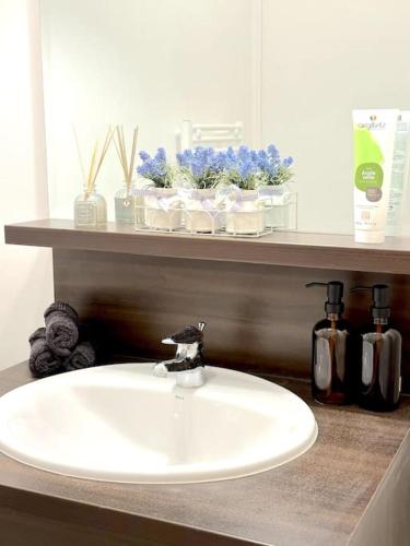 La salle de bains est pourvue d'un lavabo blanc et d'une étagère. dans l'établissement Bon apart 5 min from Disneyland & village Paris, à Montévrain