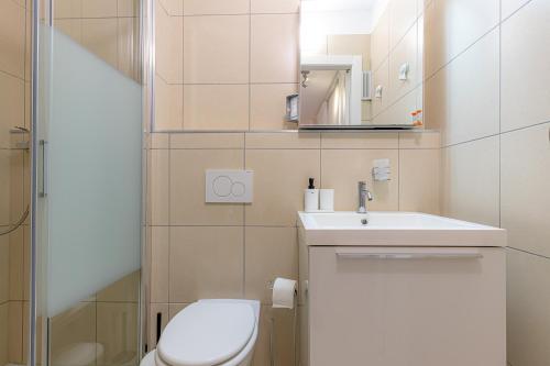 a bathroom with a toilet and a sink and a mirror at Lugano Station Apartment with FREE PARKING in Lugano