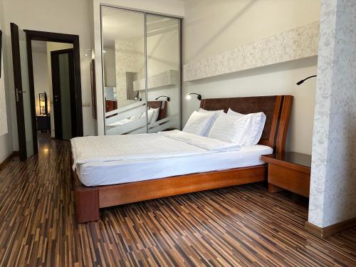 a bedroom with a large bed and a large mirror at Апартаменты на Бассейной in Kyiv