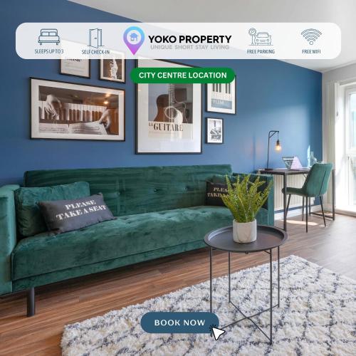 a green couch in a living room with a table at Stylish Apartment - Walking Distance to the City Centre - Free Parking, Fast Wi-Fi and SmartTV with Netflix by Yoko Property in Coventry