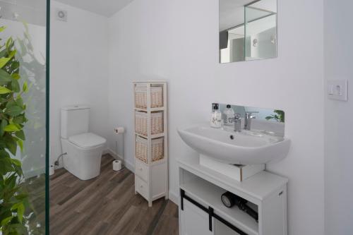 ein weißes Badezimmer mit Waschbecken und Toilette in der Unterkunft O REMANSO do CORGO in Oleiros