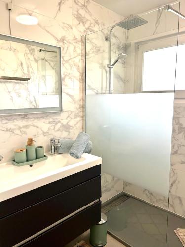 une salle de bain avec un lavabo et une douche dans l'établissement Appartement style chalet avec grande terrasse et parking prive, à Chamonix-Mont-Blanc