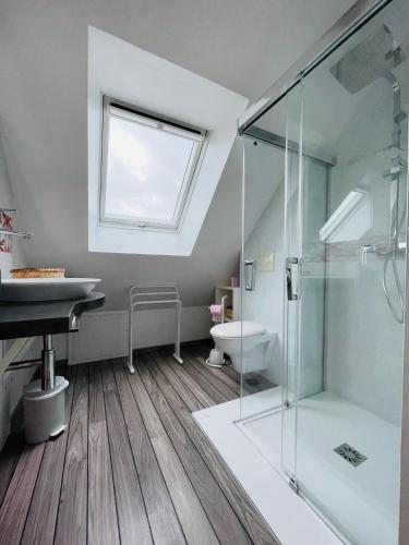 une salle de bain avec une douche en verre et un lavabo dans l'établissement Villa Rosalie Une Vue Mer Exceptionnelle, à Urville