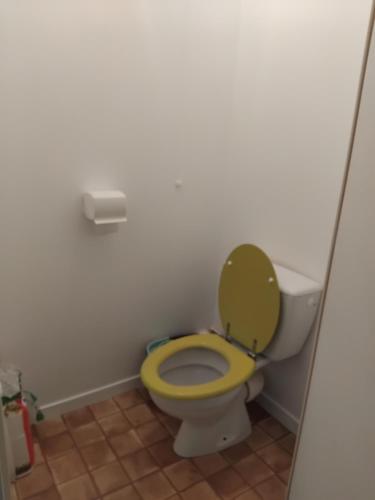 La salle de bains est pourvue de toilettes et d'un siège jaune. dans l'établissement Appartement bien situé, à Rennes