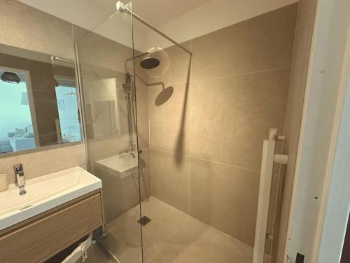une salle de bain avec douche et lavabo dans l'établissement Olbius Magnifique studio climatisé, à Hyères