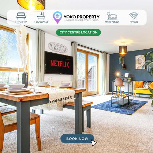 a website for a city center library location with a living room at Beautiful City Centre Apartment with Free Parking, Fast-Wifi, SmartTV with Netflix and Private Garden by Yoko Property in Milton Keynes