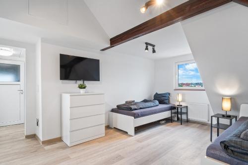 a living room with a couch and a flat screen tv at BA02 Dachgeschoss Apartment! in Flörsheim
