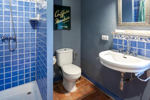 a blue tiled bathroom with a toilet and a sink at Charming barn in Mas Simon in Santenys