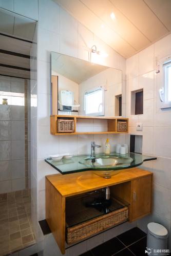une salle de bain avec un lavabo et un miroir dans l'établissement Le Moulin, à Meynes