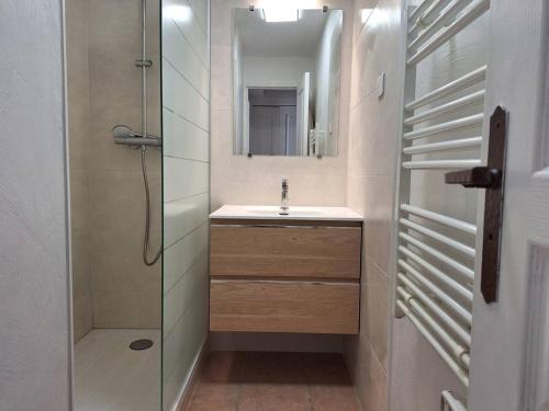 une salle de bain avec un lavabo et une douche avec un miroir dans l'établissement Charmant T2 climatisé avec terrasse et piscine, proche plages et commerces - FR-1-768-5, aux Issambres