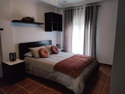 a bedroom with a bed with pillows and a window at villa verónica in Arriate