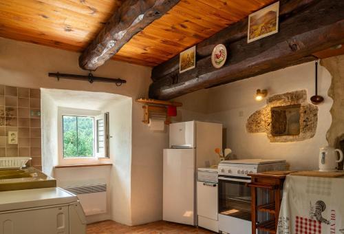 une cuisine avec des appareils blancs et un plafond en bois dans l'établissement La maison de malaury, à Laval-du-Tarn