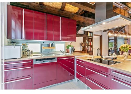 a kitchen with red cabinets and a sink at Am Stadtrand im Grünen in Zeuthen
