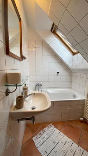 a bathroom with a sink and a bath tub at Penzion Panská in České Budějovice