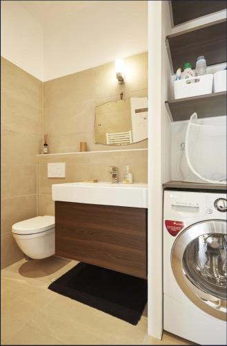 une salle de bain avec un lavabo et une machine à laver dans l'établissement Appartement T3 AU VIEUX PORT, à Saint-Quay-Portrieux