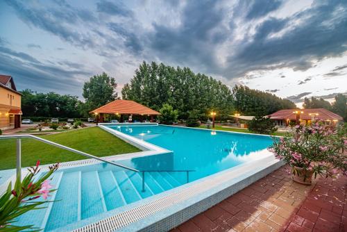a large swimming pool in a yard with a house at Termál Hotel Vesta in Tápiószecső