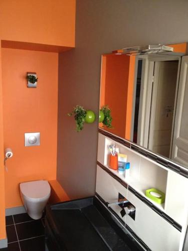 La salle de bains orange est pourvue de toilettes et d'un miroir. dans l'établissement Maison ZEN de ville à 2 pas de la PLAGE, à Dunkerque