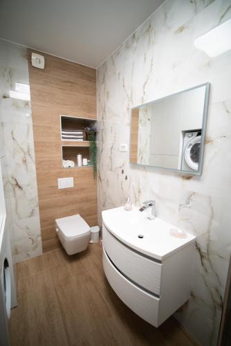a bathroom with a sink and a toilet and a mirror at Apartman Tajči in Koprivnica