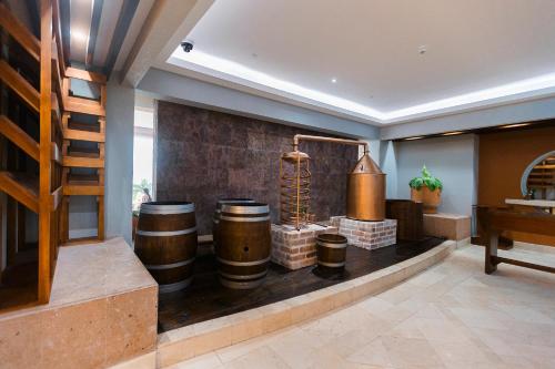 a wine tasting room with barrels and a staircase at Azul Ixtapa Grand All Inclusive Suites - Spa & Convention Center in Ixtapa