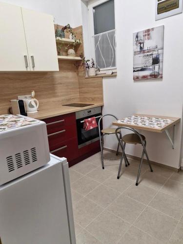 a kitchen with a table and a table and a table and a table at St Donat Belvarosi Apartman Koszeg in Kőszeg